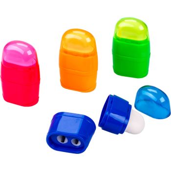 Sharpener plastic with 2 blades & dust container and with eraser synthetic rubber 