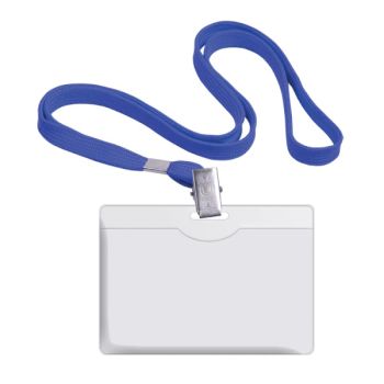 Name badge plastic 90x57mm horizontal with blue lanyard 42cm (polyester)