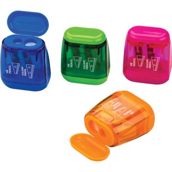 Sharpener plastic with 2 blades & dust container (assorted colours) display box